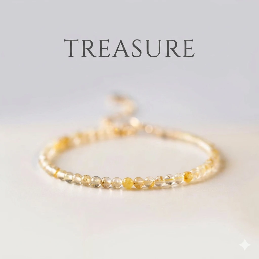 Natural Golden Rutilated Quartz Bracelet - Original DIY Design - Wealth & Auspicious Crystal Jewelry - Slim Bead Elegant Accessory