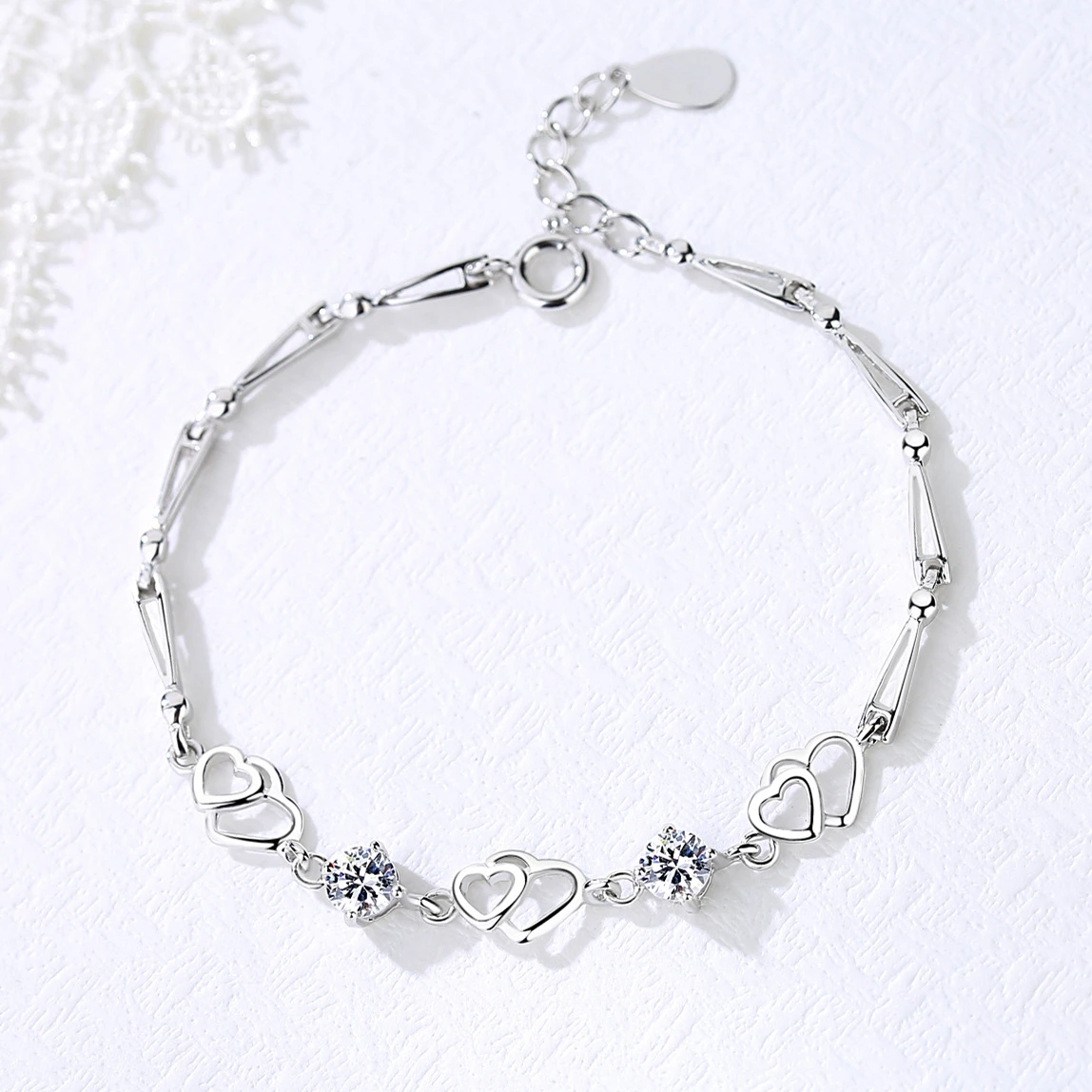 999 Pure Silver "Double Heart" Radiant Bracelet – High-End Niche Diamond Bangle for Elegant Versatility
