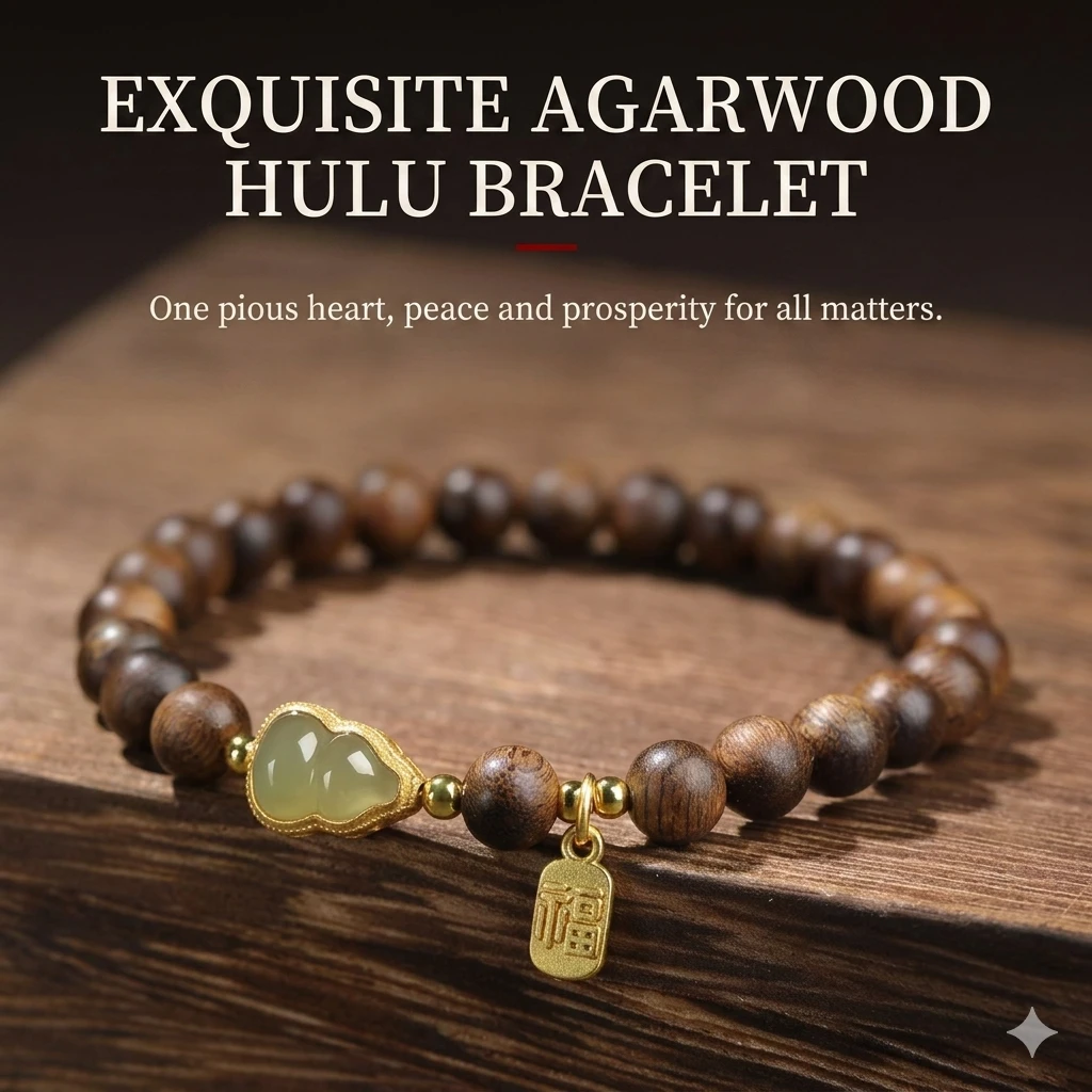 Zen Blessings: Putuoshan Vietnamese Nha Trang Agarwood Bracelet with Jade Gourd - Your Soulful Companion