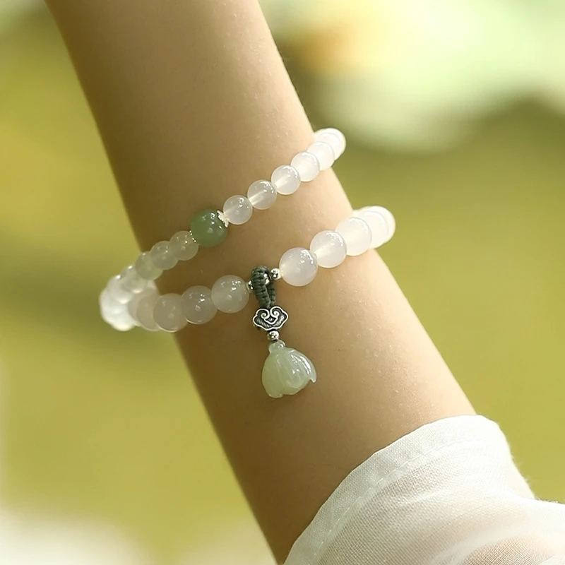 S925 Sterling Silver White Agate and Natural Hetian Jade Bracelet – Contemporary Light Luxury Design for Professional Success and Inner Calm