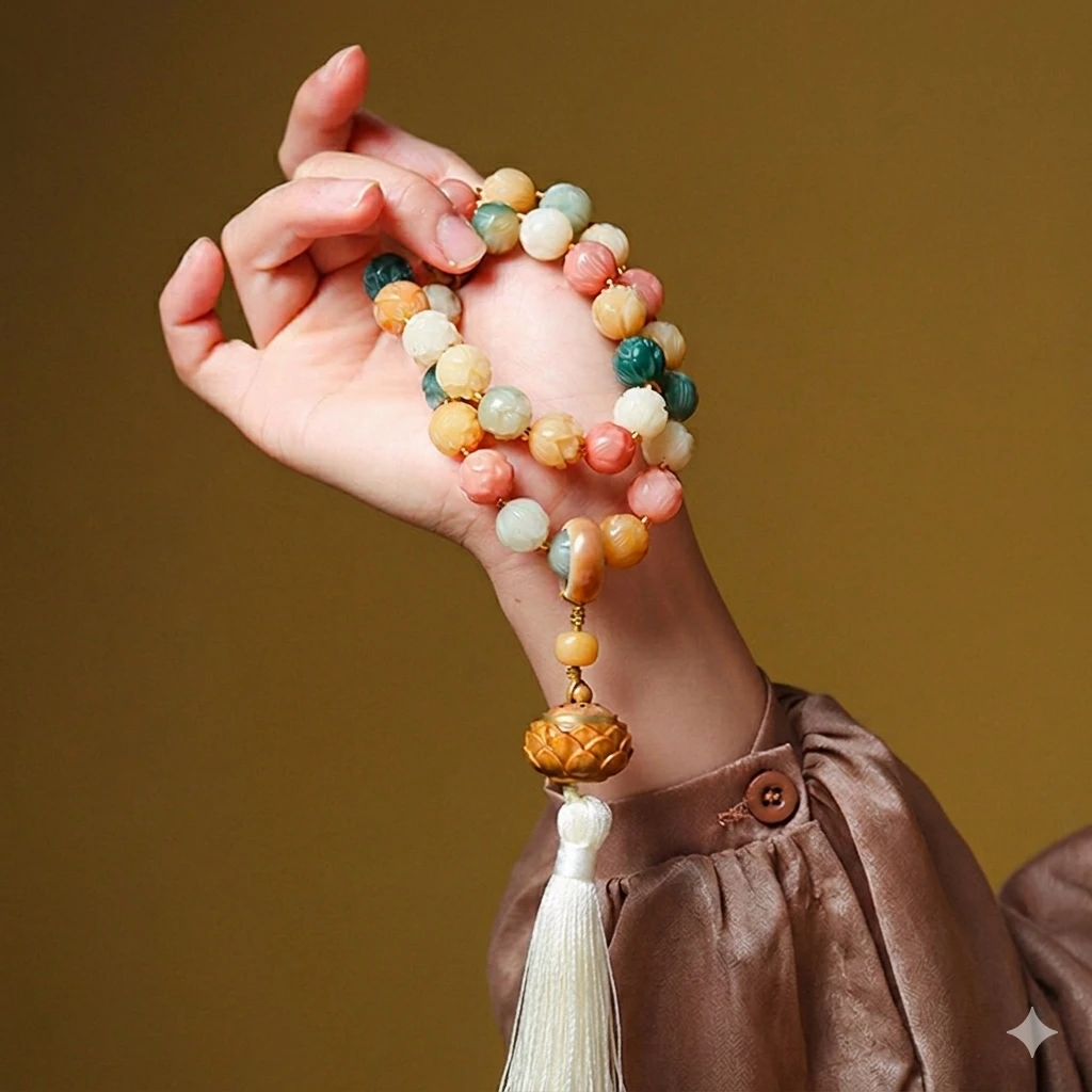 The Lotus Path Bracelet | White Jade Bodhi & Green Sandalwood Zen Wristpiece