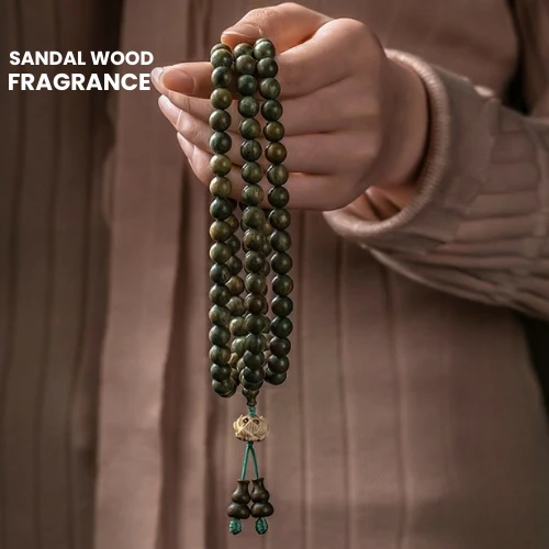 Zen Harmony 108 Bead Sandalwood Bracelet – Natural Green and Purple Sandalwood Prayer Beads for Balance and Mindfulness
