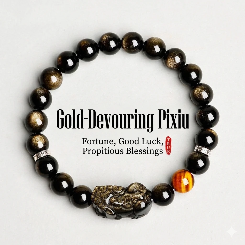 Natural Obsidian Pixiu Bracelet with Tiger's Eye & Silver – Feng Shui Wealth & Protection Bracelet for Couples