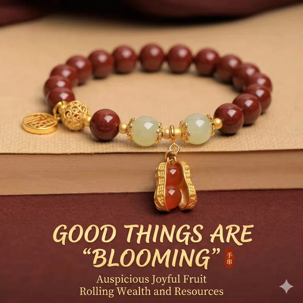 Peanut Charm Cinnabar and Sterling Silver Bracelet – Understated Luxury Lucky Charm for Abundance and Joy