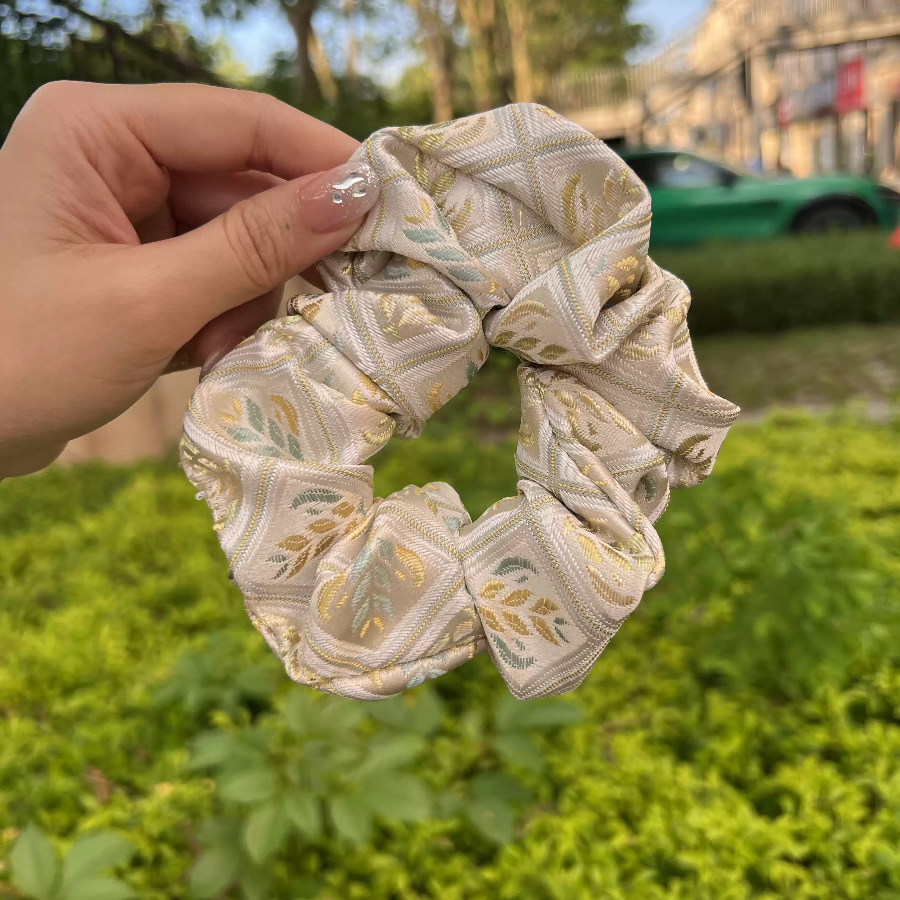 Zhuang Brocade Handmade Hair Tie National Heritage Silk Patterned Scrunchie and Cultural Keepsake Souvenir