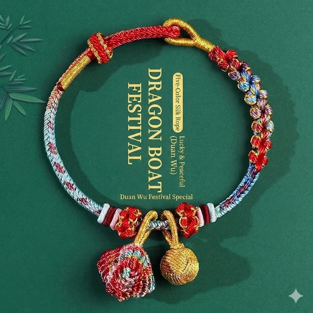 DIY Peach Blossom Knot Bracelet Kit – Hand-Woven Five-Color Lucky Rope with Gold Accents | Dragon Boat Festival Mindfulness Craft
