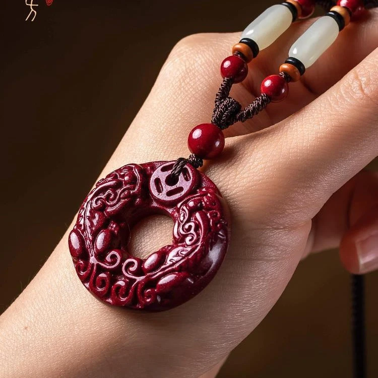 Authentic Raw Cinnabar Pixiu Safety Buckle Pendant – Hand-Carved Protection Talisman for Courage, Vitality, and Success
