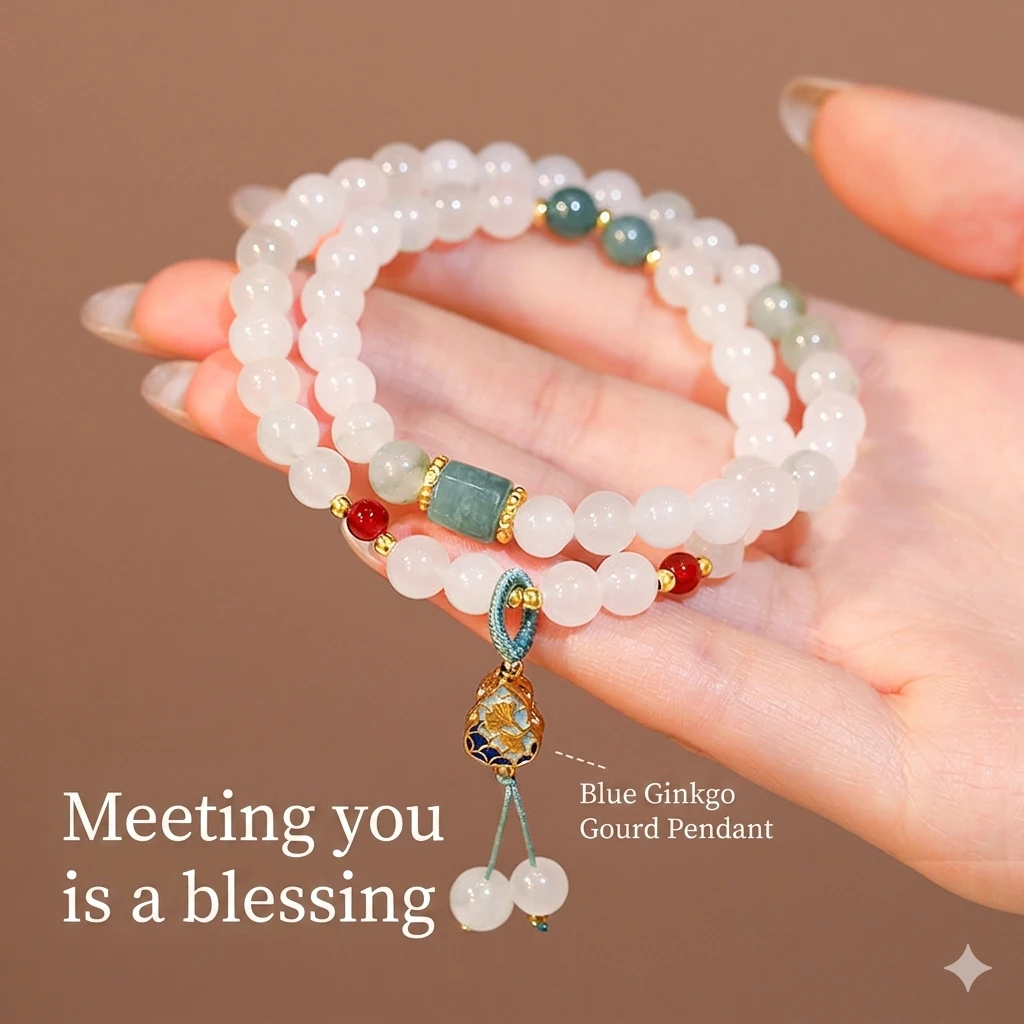 Double-Layer Tianshan & White Jade Bracelet – 2026 Designer Ginkgo and Gourd Charms for Prosperity, Longevity, and Inner Balance