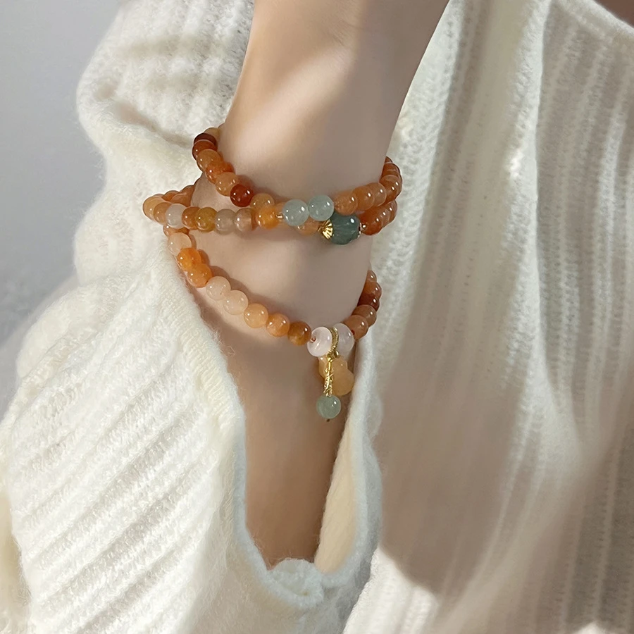 "Ten Miles of Bloom" Multi-Layer Bracelet – Natural Ice-Orange Gourd & Gemstone Layers for Vitality & Joy