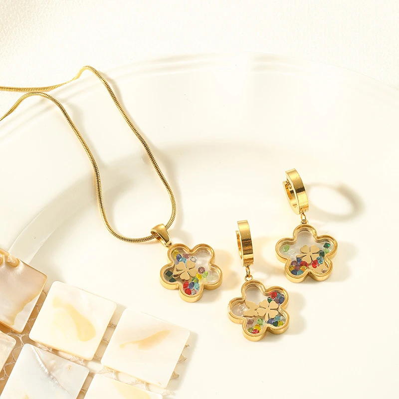 Elegant Plum Blossom Eye Necklace & Earrings Set – Titanium Steel, Colorful Zircon, Lucky Protection & Grace