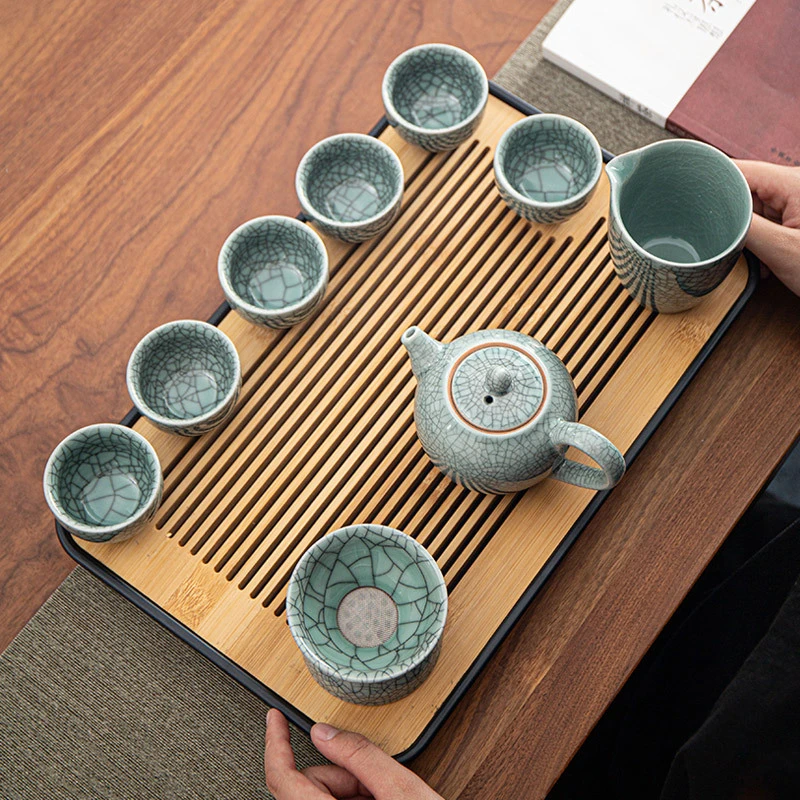 Ge Kiln & Ru Kiln Kung Fu Tea Set – Authentic Chinese Ceramic Teapot & Cups for Mindful Tea Rituals, Home & Offic(1 set of 9 items)