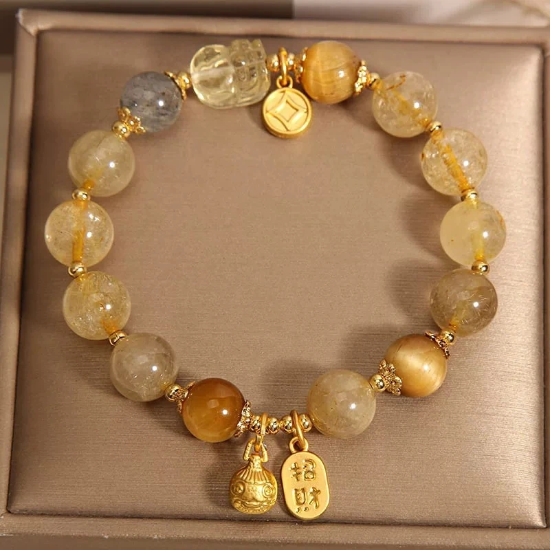 Natural Golden Rutilated Quartz & Moonstone Guardian Bracelet - Tiger Eye Wealth Amulet for Success and Intuition