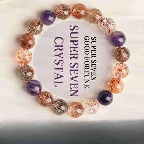 Dianrun Jewelry Natural Black Super 7 Crystal Bracelet - High-Frequency Amethyst & Rutile Beads for Energy and Power