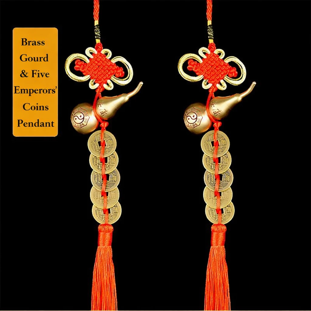 Chinese Knot Brass Gourd & Five Emperors Coins Hanging Pendant – Open-Top Lucky Feng Shui Charm for Car, Home Door, Health & Prosperity Gift（Two strings）