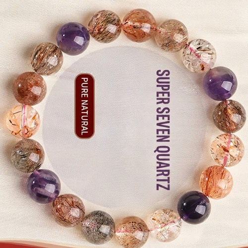 Dianrun Jewelry Natural Super 7 Crystal Bracelet – Authentic Seven-Mineral Amethyst Gemstone for Energy Alignment and Cognitive Clarity