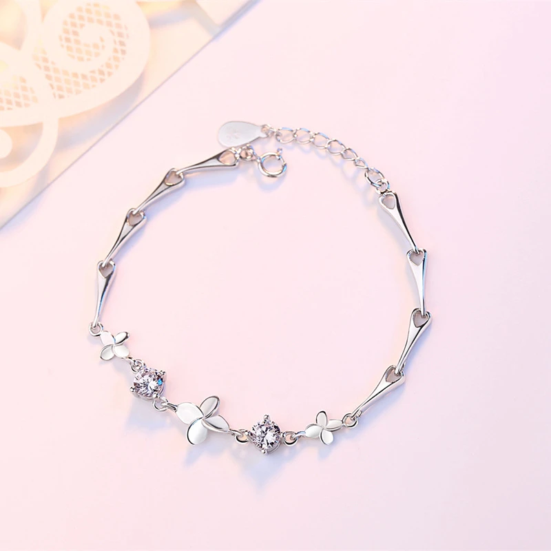 S999 Pure Silver Clover Fortune Bracelet – High-End Niche Bangle with Brilliant Zircon for Luck & Manifestation