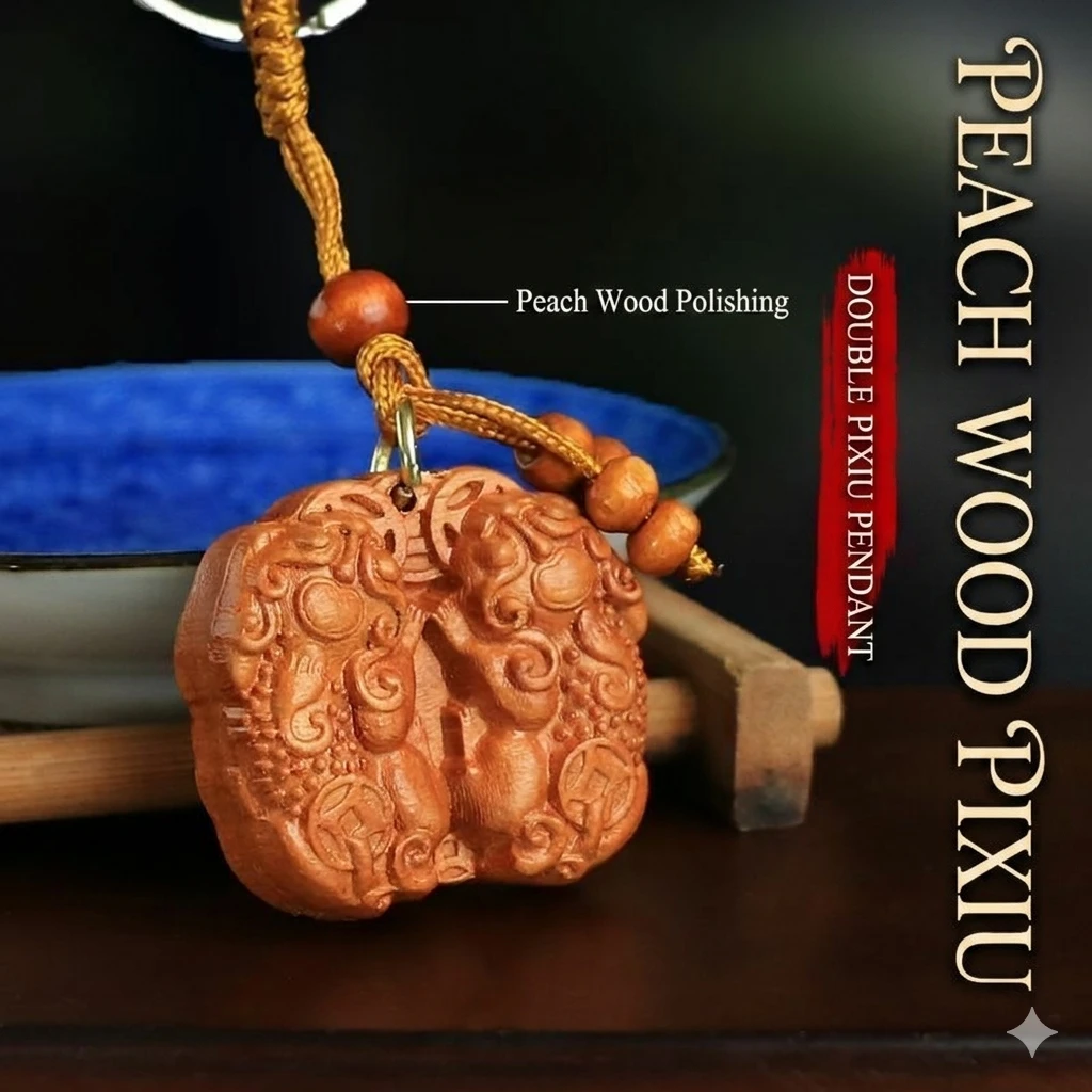 Pixiu Abundance & Protection Pendant – Natural Peach Wood Car Keychain for Mindful Wealth