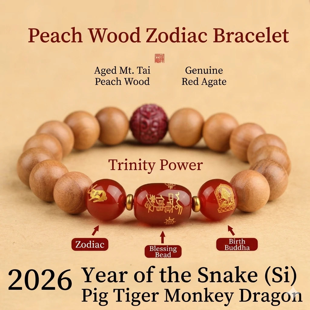 Aged Mt. Tai Peach Wood & Red Agate Zodiac Trinity | Dragon Year Birthstone Talisman for Luck, Protection, and Inner Balance