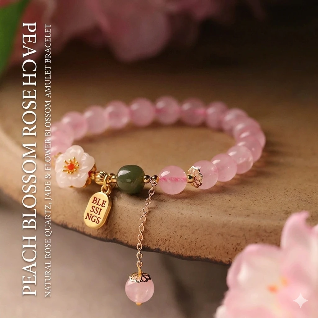 Serenity Peach Blossom Bracelet: Natural Pink Crystal & Hetian Jade | A Symbol of Emotional Balance and Lasting Connection