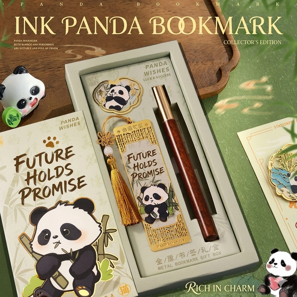 The Serene Guardian: Handcrafted Antique Panda Bookmark Gift Set | Premium Metal Tassel Stationery for Students & Book Lovers