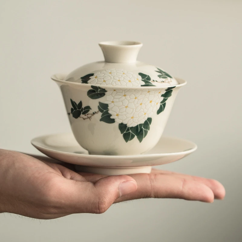 Serenity in Every Sip Dehua Porcelain Handmade Covered Bowl Set – 3-Piece Ceramic Kung Fu Tea Set with Natural Wood Ash and Elegant Cocoa Logo