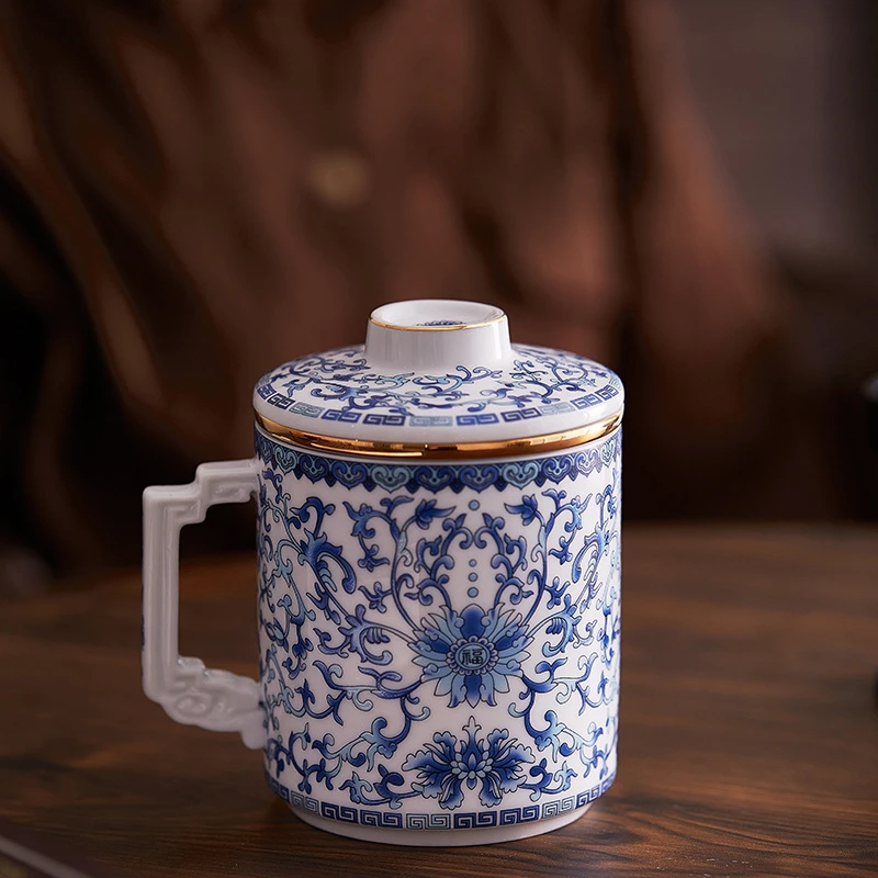 Mindful Lotus Serenity: Blue & White Porcelain Tea Cup with Water Separator – Lotus Scroll Ceramic Mug for Home, Office & Gifts