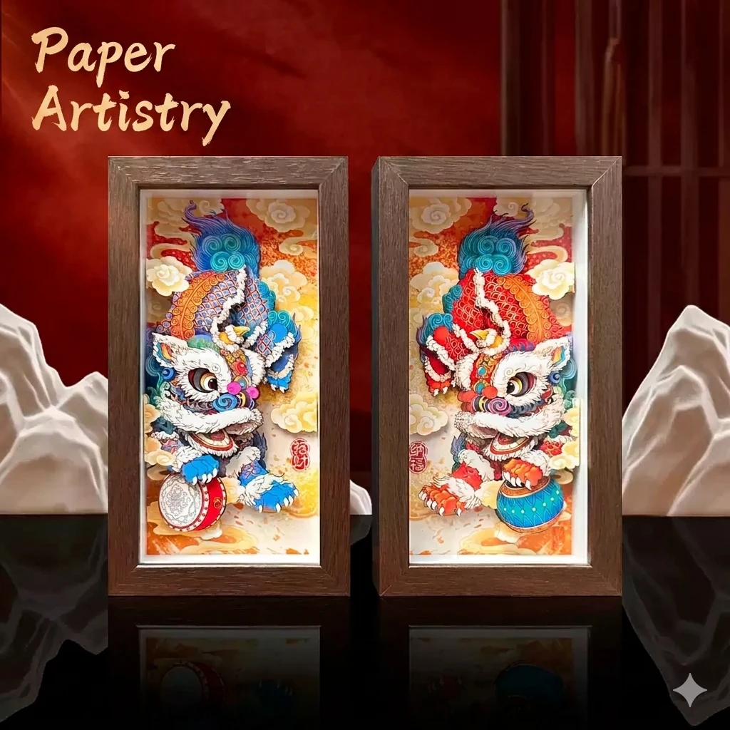 Auspicious Lion Dance 3D Shadow Box | Handcrafted "Good Fortune" Table Décor | Bespoke Cultural Gift for Home & Office