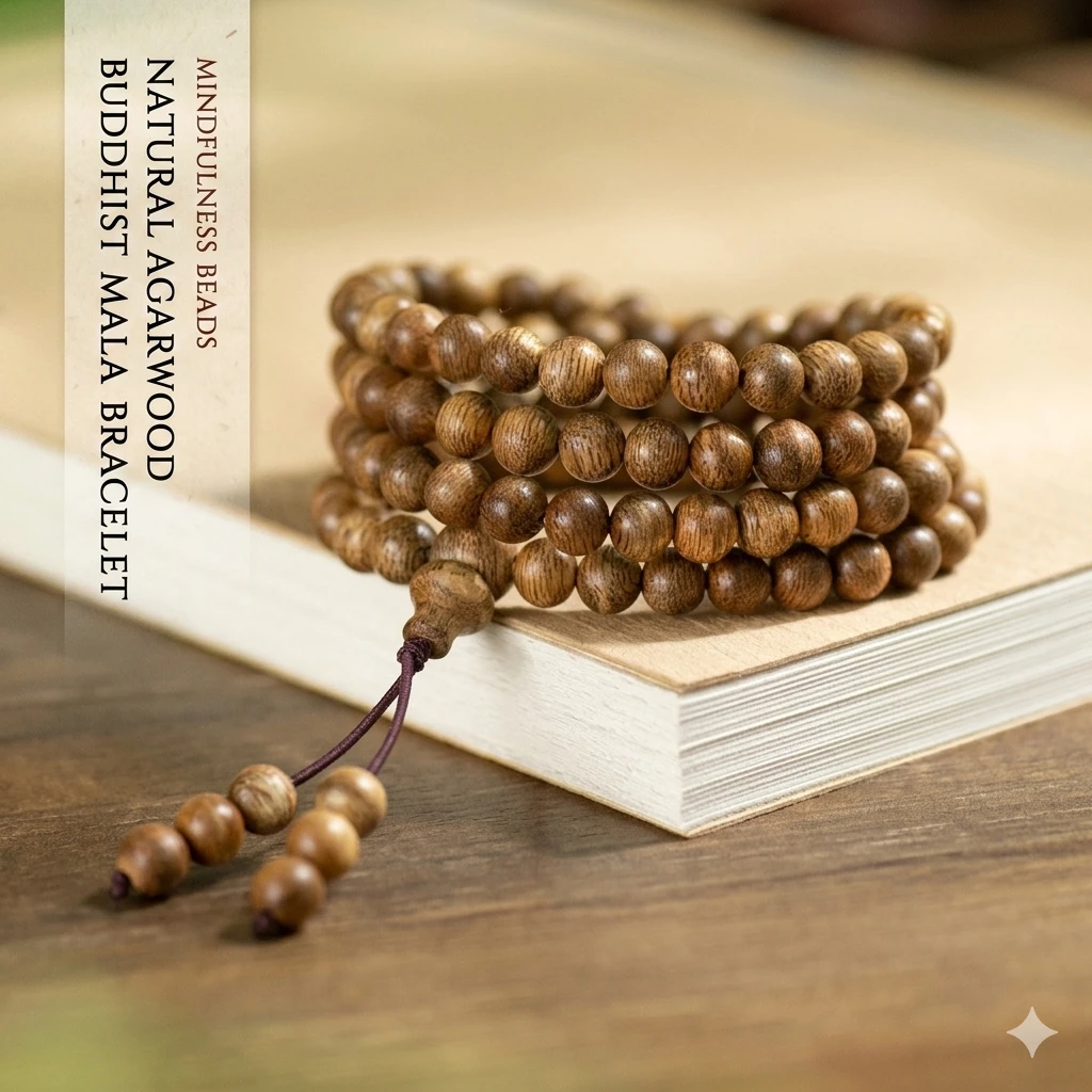 Authentic 108 Bead Natural Agarwood Bracelet – Sacred Scented Prayer Beads for Stress Relief and Spiritual Focus