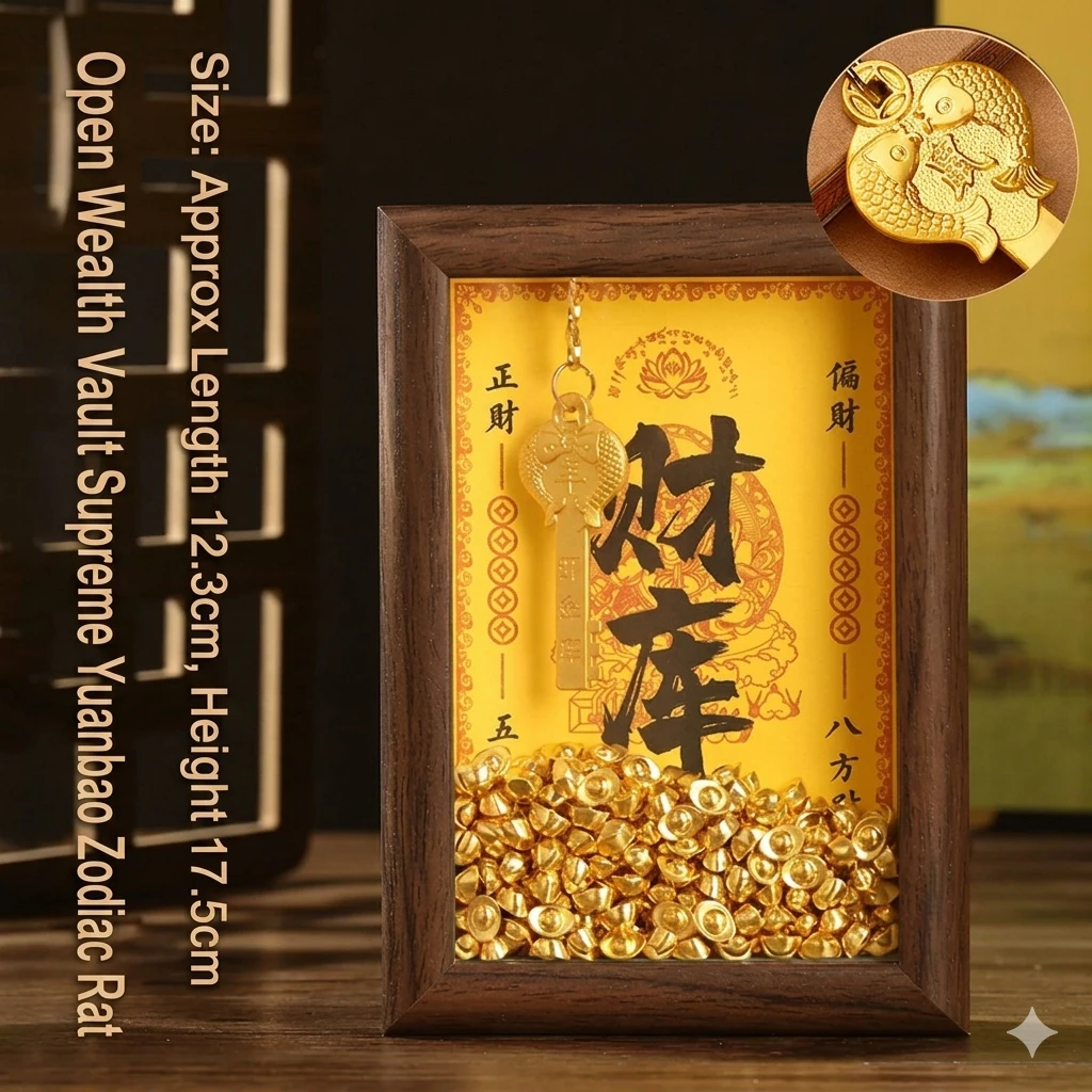 Yellow God of Wealth Golden Vault Photo Frame with 12 Zodiac Gold Keys – Feng Shui Office Desk Ornament for Attracting Wealth & Prosperity