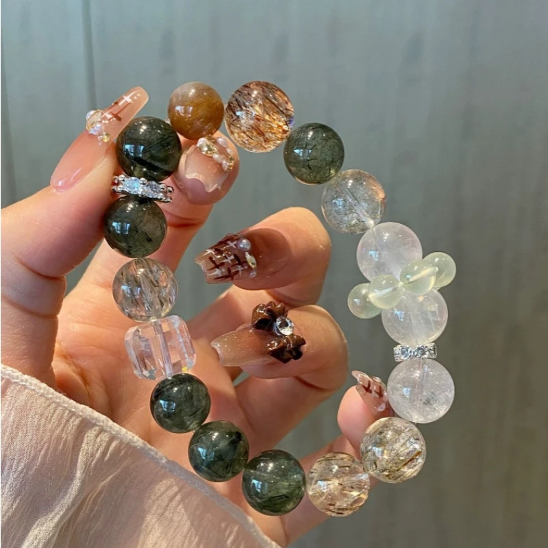 The "Elemental Harmony" Luxe Bracelet – Natural Green Hair Crystal & Phantom Quartz for Wealth & Spiritual Clarity