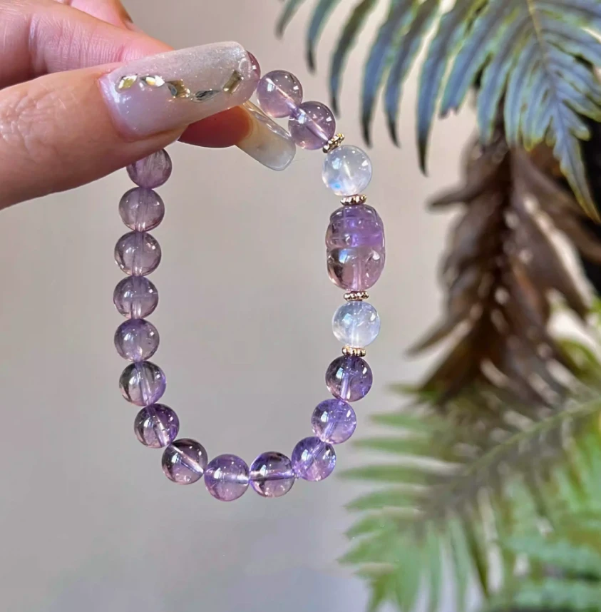Lavender Moonstone & Amethyst Pixiu Bracelet – Natural Crystal Amulet for Intuition, Calm, and Financial Flow
