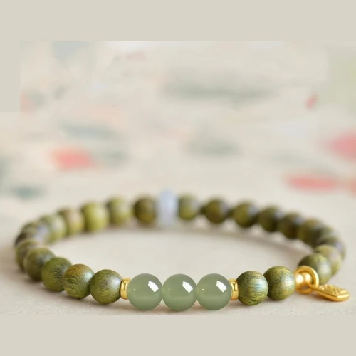 Natural Green Sandalwood & Hetian Jade Bracelet - Sinking Grade Buddhist Prayer Beads for Mindful Balance