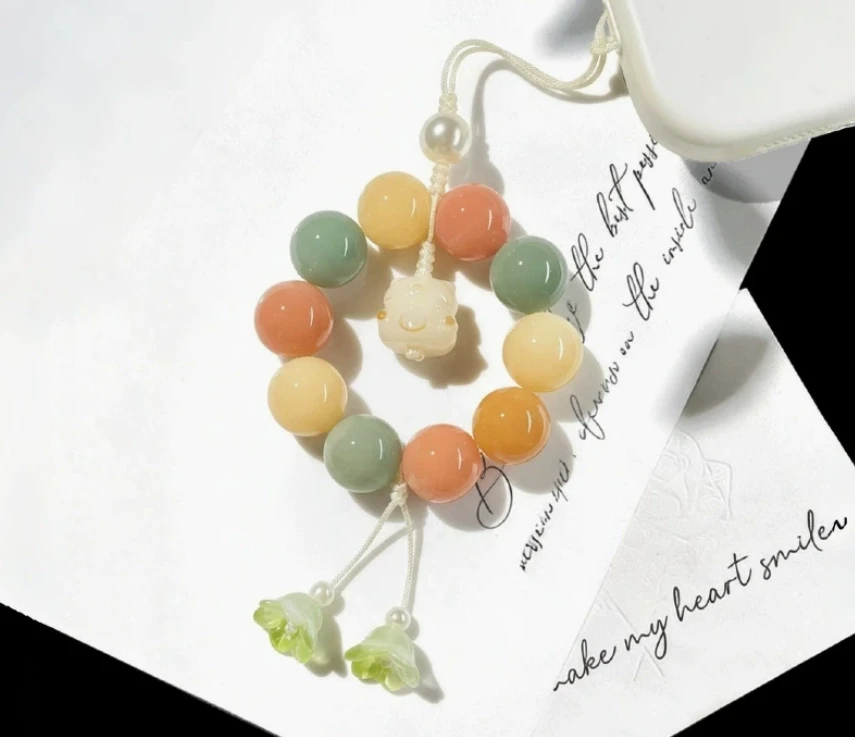 Handcrafted Lime Bodhi & Cat Bell Pendant | Eastern Zen Charm for Phones, Bags & Style
