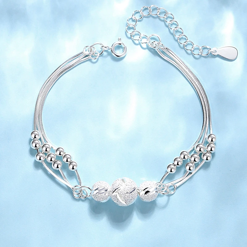 Luxe Beaded "Three Worlds" Silver Bangle – 990 Pure Sterling Silver Minimalist Bracelet for Timeless Elegance