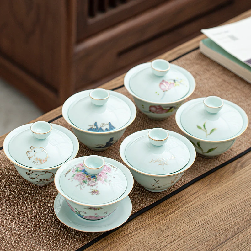 Mindful Serenity Celadon Covered Bowl  3 Piece Blue & White Ceramic Kung Fu Tea Set with Infuser Personalized Logo Available